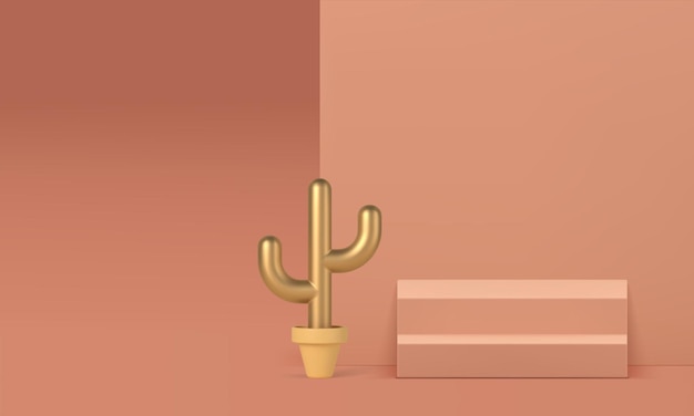 Escaleras de podio de sala de exposiciones 3D beige con cactus dorado para presentación vectorial realista