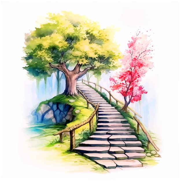 Las escaleras que conducen al árbol acuarela pintura ilustración