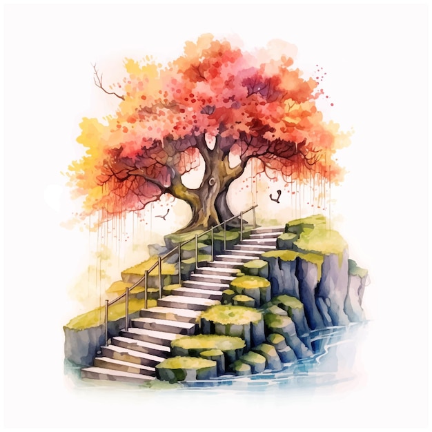 Las escaleras que conducen al árbol acuarela pintura ilustración