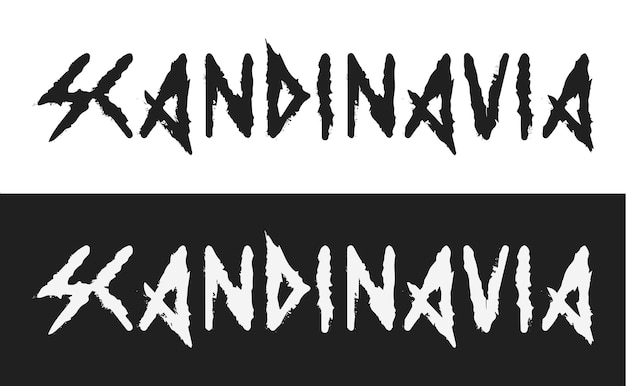 Escandinavia Vector etiqueta de texto en estilo oscuro con el antiguo alfabeto vikingo estilo blanco y negro aislado