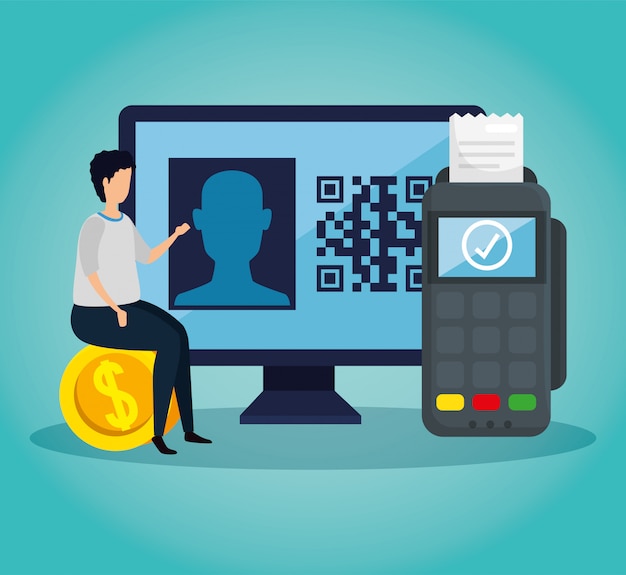 escanea el código QR en la computadora con el hombre