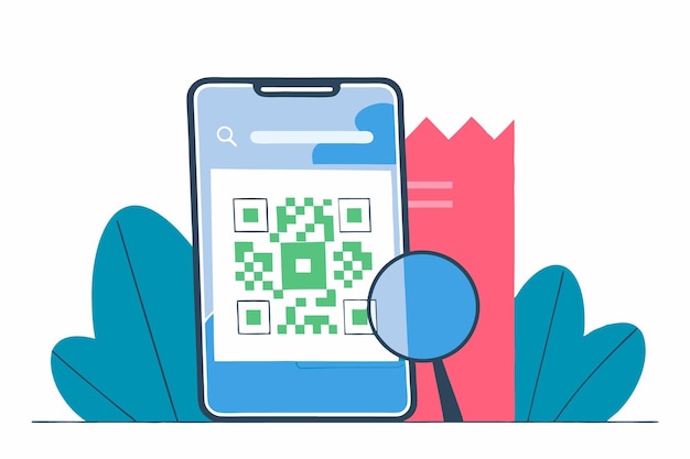 Escanear el código QR con ilustraciones de teléfonos inteligentes en fondo blanco