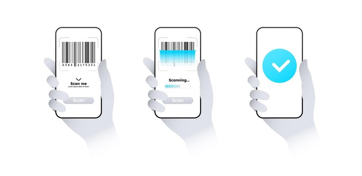 Vector escanear conjunto de códigos de barras manos sosteniendo teléfonos inteligentes con códigos qr y de barras enlaces acortados a sitios web o páginas web compras en línea y comercio electrónico colección de vectores planos aislados en blanco
