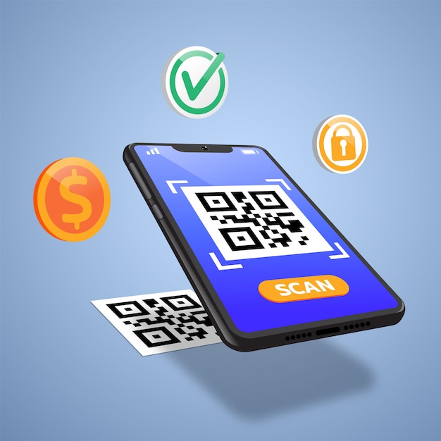 Escanee el código QR al teléfono móvil. Electrónica, tecnología digital, código de barras. Ilustración vectorial