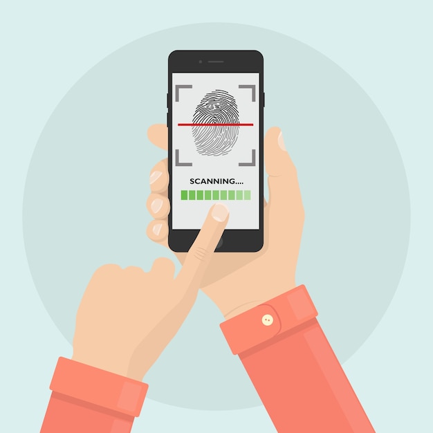 Escanee la huella digital al teléfono móvil. Sistema de seguridad de identificación de teléfono inteligente. Concepto de firma digital. Tecnología de identificación biométrica, acceso personal.
