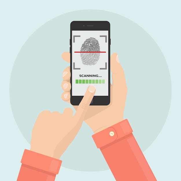 Escanee la huella digital al teléfono móvil. sistema de seguridad de identificación de teléfono inteligente. concepto de firma digital. tecnología de identificación biométrica, acceso personal.