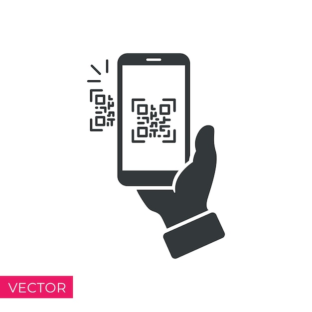 Escanee la mano de pago del icono de código qr con el símbolo de línea delgada de la aplicación de escáner de teléfono en el vector de icono de fondo blanco