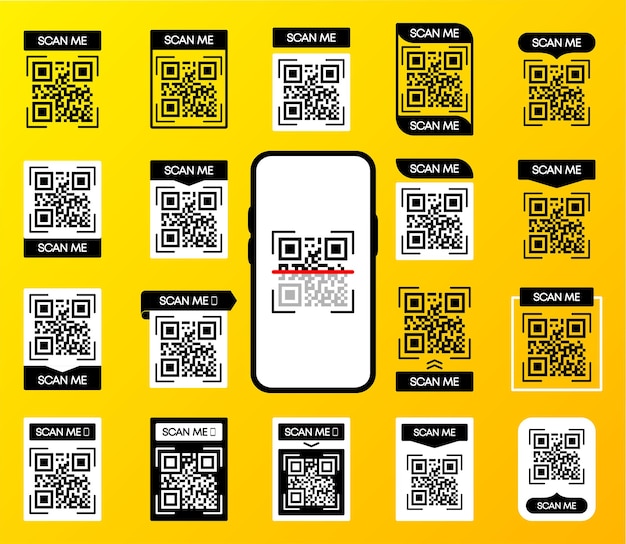 Escaneo de código qr para teléfono inteligente. código qr para aplicación móvil y pago. conjunto de plantillas vectoriales de marco de código qr. ilustración vectorial