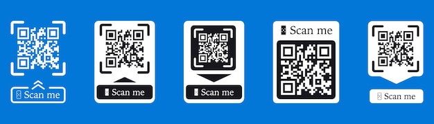 Escaneo de código QR para teléfono inteligente. Inscripción escanearme con el icono de teléfono inteligente. Código QR para el pago. Inscripción escanearme con el icono de teléfono inteligente. Código QR para el pago. Escanear código QR. Colección de vectores