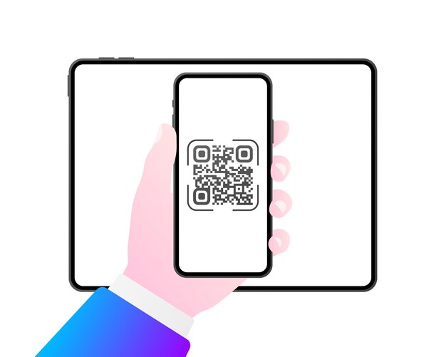 Escaneo de código QR Teléfono en mano escaneo desde tableta Icono de vector