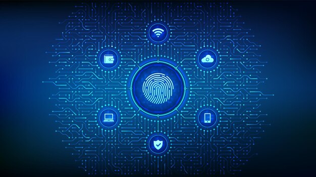 Vector escaneo de huellas dactilares identificación biométrica protección de datos personales seguridad cibernética placa de circuito