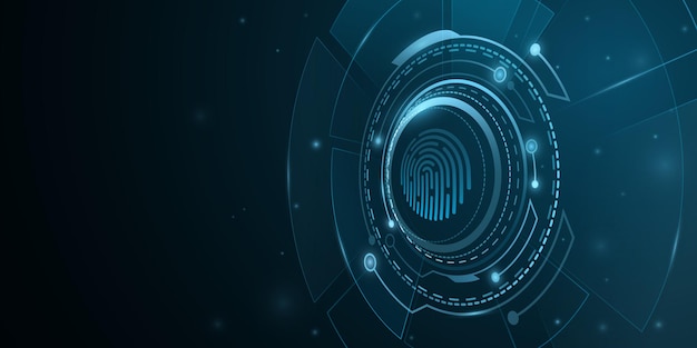 Escaneo de huellas dactilares. Verificación biométrica. Diseño de fondo de protección de red. HUD digital con efectos de luz. Interfaz de usuario futurista de ciencia ficción. La seguridad cibernética. Ilustración vectorial. EPS 10