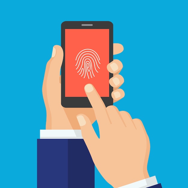 Escaneo de manos Concepto de seguridad Mano sosteniendo un teléfono inteligente con huella digital en la pantalla