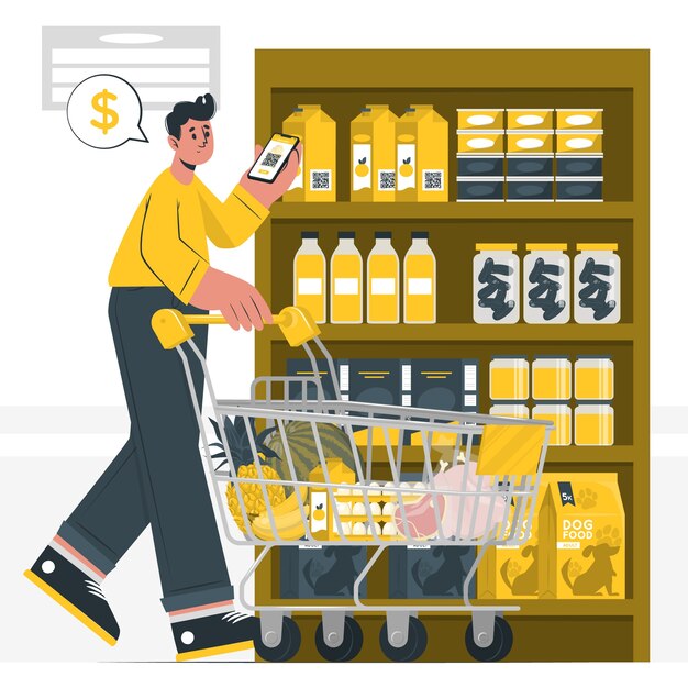 Escaneo de productos en la ilustración del concepto de supermercado