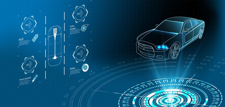 Vector escaneo de servicio de automóvil futurista y análisis de datos automáticos banner de automóvil inteligente