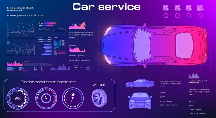 Vector escaneo de servicio de automóvil futurista y análisis de datos automáticos concepto automático de diagnóstico