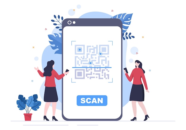 Escáner de código QR para pago en línea, pago electrónico y transferencia de dinero en teléfono inteligente con aplicación en mano. Ilustración de vector de fondo