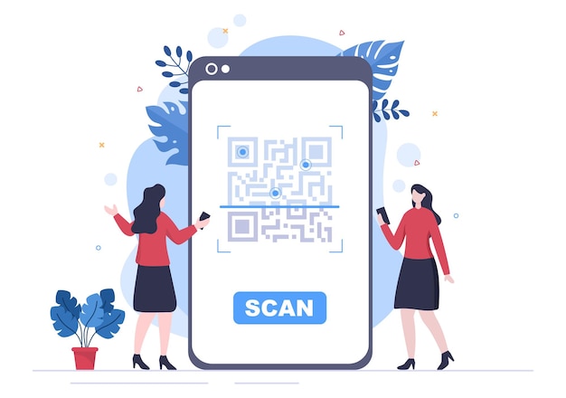 Vector escáner de código qr para pago en línea, pago electrónico y transferencia de dinero en teléfono inteligente con aplicación en mano. ilustración de vector de fondo