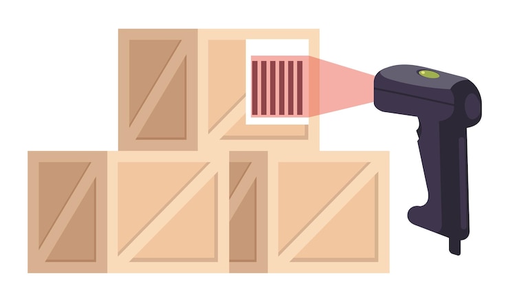 Vector escáner de códigos de barras escáner de caja información de etiquetas datos entrega de carga concepto de venta