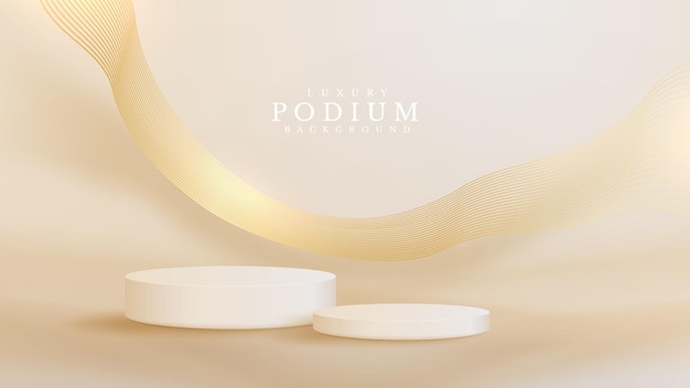 Escaparate de podio de producto blanco realista con línea de onda dorada en la parte posterior. Concepto de fondo de estilo 3d de lujo. Ilustración de vector para promover ventas y marketing.