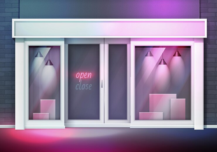 Vector escaparate vacío con grandes ventanales con lámparas y cajas