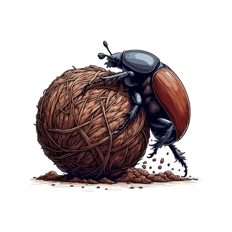 Vector escarabajo de estiércol rodando diligentemente una gran bola de material orgánico