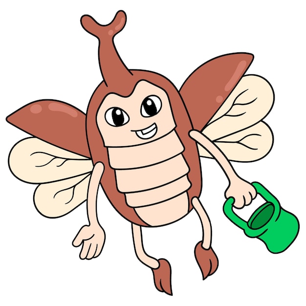 El escarabajo está volando con una cara feliz llevando una canasta en busca de miel, arte de ilustración vectorial. imagen de icono de doodle kawaii.