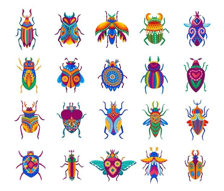 Vector escarabajos de dibujos animados insectos divertidos con adornos coloridos en las alas y la espalda animales de fantasía planeta alienígena insectos o insectos cuentos de hadas insectos vectores aislados con vibrantes patrones mexicanos o africanos