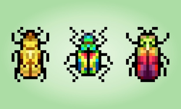 Escarabajos de píxeles de 8 bits Insectos animales para activos de juegos y patrones de punto de cruz en ilustraciones vectoriales