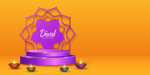 Vector escena 3d con lujosas lámparas diya tradicionales para el festival de la luz diwali podio para mostrar sus marcas diseño de maqueta festiva estilo de corte de papel mandala indio en el fondo vector