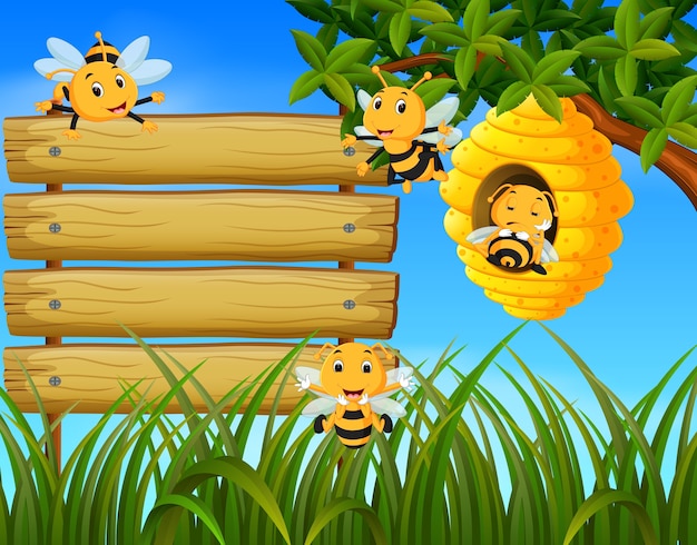 Vector escena con abejas volando alrededor de colmena