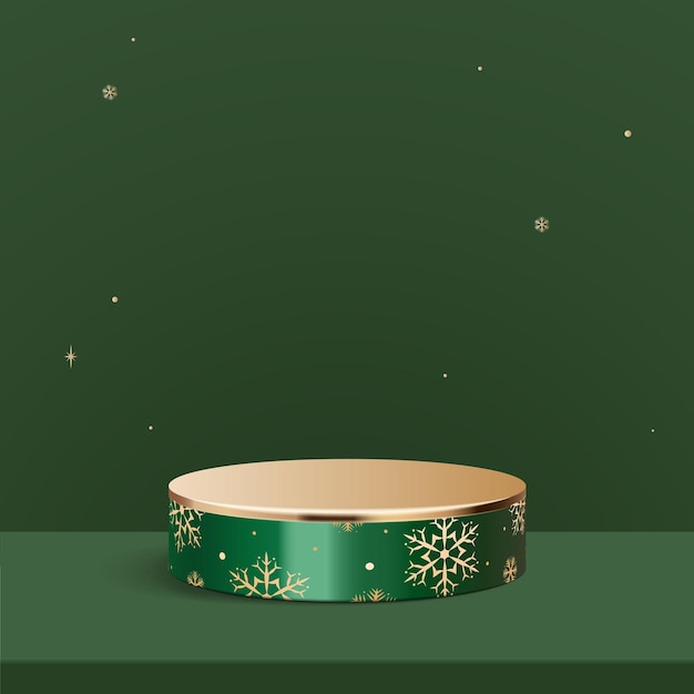 Escena abstracta simulada copos de nieve patrón sin costuras podio de metal verde y dorado para exhibir productos cosméticos escenario de exhibición pedestal o plataforma verde invierno fondo blanco de Navidad con vector 3D