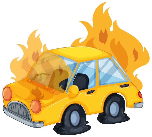 Vector escena del accidente con auto en llamas
