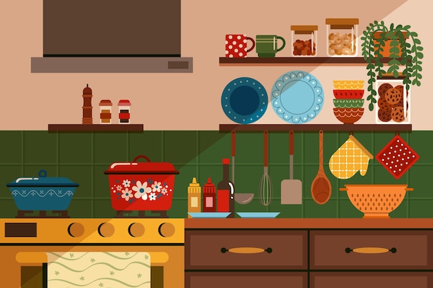 Escena acogedora de la cocina con utensilios de cocina y preparación de alimentos