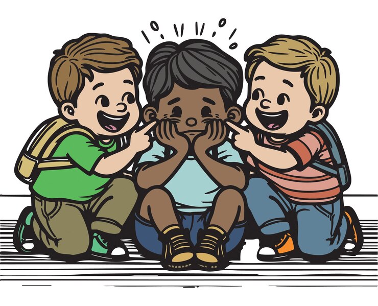 Escena de acoso escolar Dos niños se burlan de un compañero de clase triste Ilustración de la campaña contra el acoso escolar