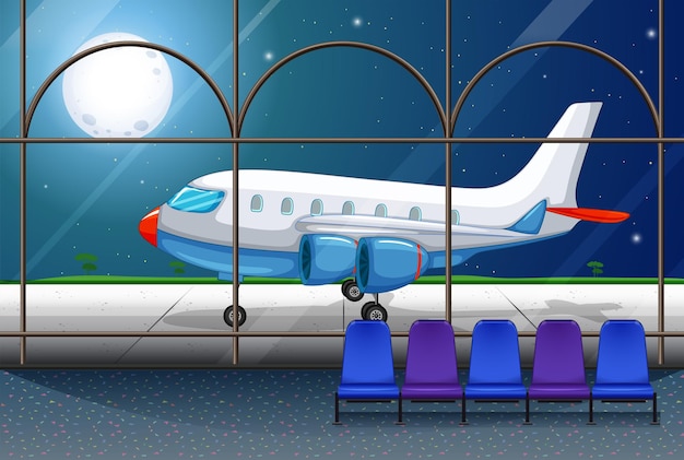 Vector escena del aeropuerto con estacionamiento de aviones por la noche.