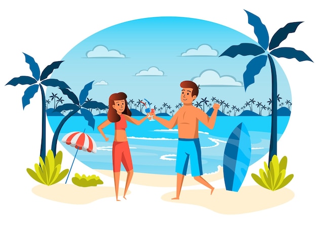 Vector escena aislada de vacaciones de verano hombre y mujer descansando en la recreación del balneario en la zona tropical