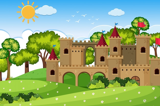 Una escena al aire libre con castillo