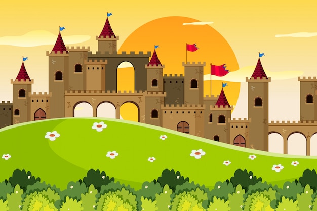 Vector una escena al aire libre con castillo