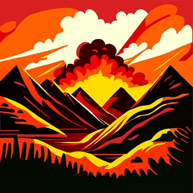 Vector escena al aire libre de una erupción volcánica