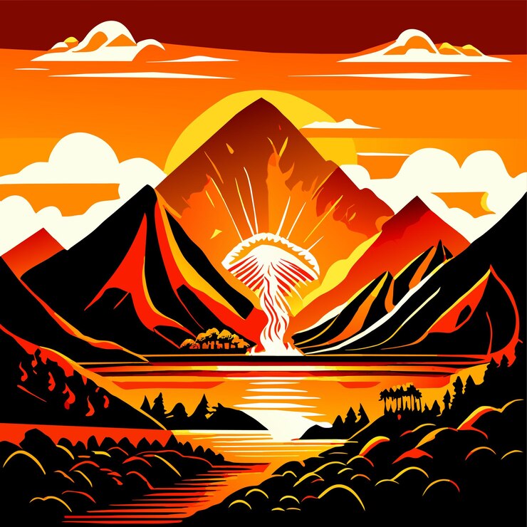 Vector escena al aire libre de una erupción volcánica