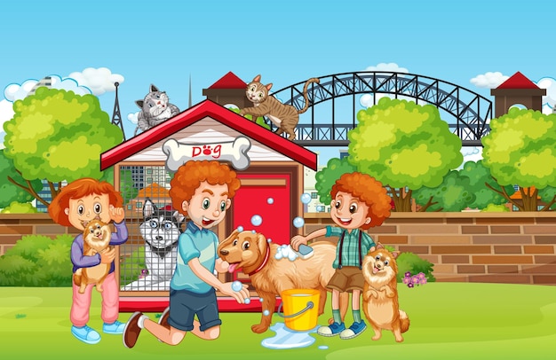 Escena al aire libre con familia feliz y perros.