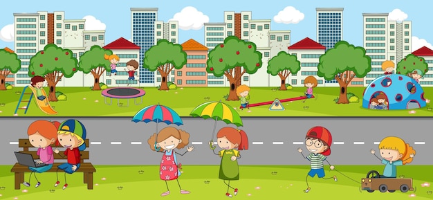 Escena al aire libre con muchos niños jugando en el parque.