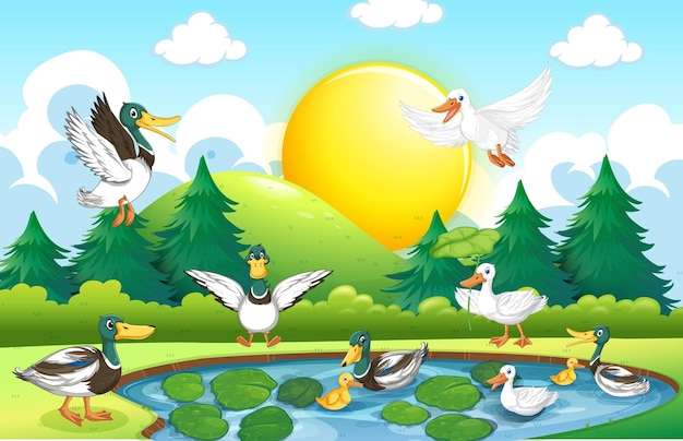 Escena al aire libre con patos de dibujos animados