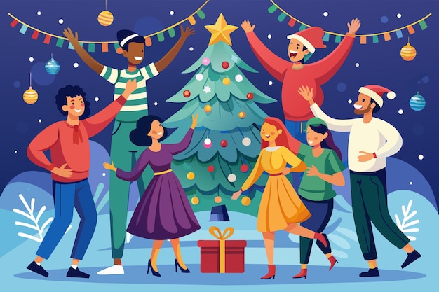 Vector una escena alegre de gente cantando y bailando alrededor de un árbol de navidad con luces parpadeantes y decoraciones festivas que añaden alegría