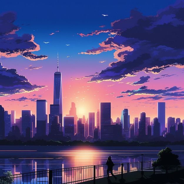 Vector escena del amanecer en el paisaje urbano