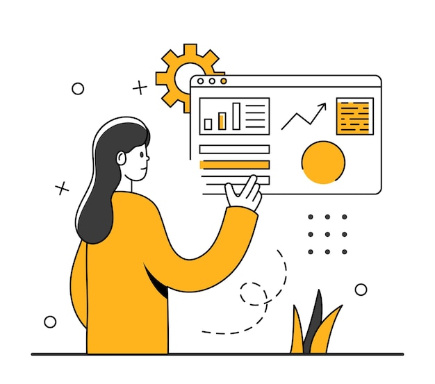 Escena analítica de datos Carácter empresarial de moda Ilustración de gestión financiera Gestión de finanzas personales y concepto de alfabetización financiera Carácter de moda analítica Ilustración vectorial