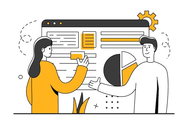 Escena analítica de datos Carácter de Trendy Business Ilustración de gestión financiera Gestión de finanzas personales y concepto de alfabetización financiera Concepto de ilustración vectorial