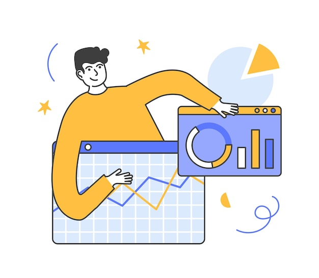 Escena analítica de SEO Ventana de hombre y navegador con datos estadísticos Análisis de datos grandes en línea El hombre analiza los datos ajusta los resultados de búsqueda aumenta la calificación aumenta el tráfico Ilustración vectorial