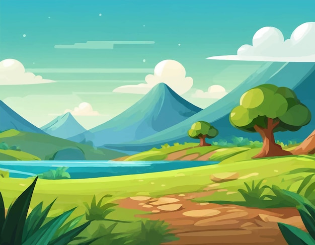 Vector escena de animación de dibujos animados paisaje al aire libre juego papel tapiz fondo ilustración diseño pancarta